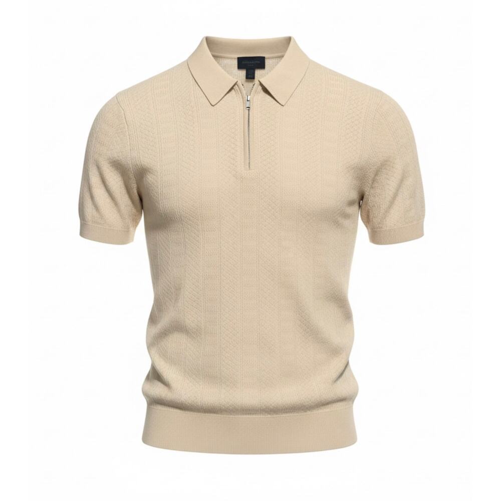 Magaschoni Men Cream Short Sleeve Knit Textured Polo Small Preppy Quiet Luxury